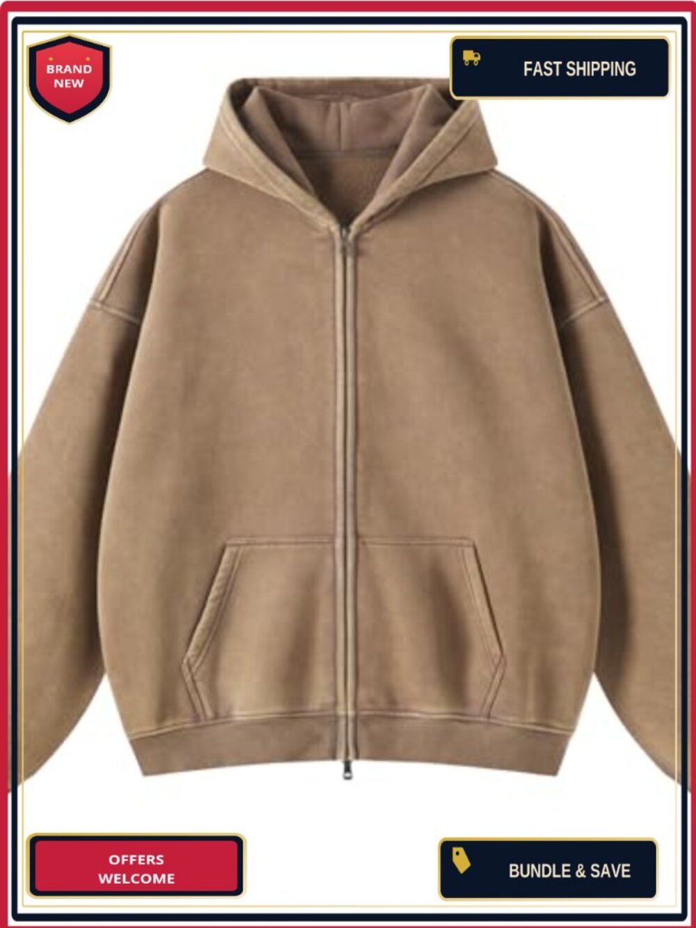 Unisex Double Zip Up Hoodie Fleece Oversized Sweatshirt Heavyweight